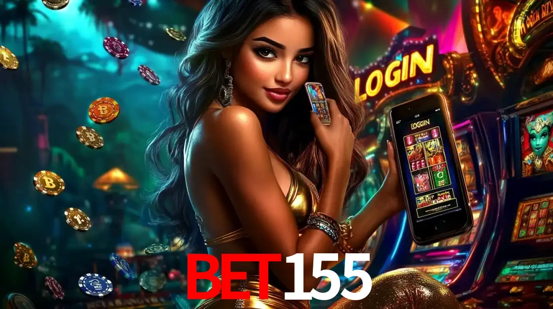 Mulher em um cenário de cassino temático de aventura, mostrando o app de caça-níqueis da BET155 no celular. Fichas de apostas flutuam ao redor.