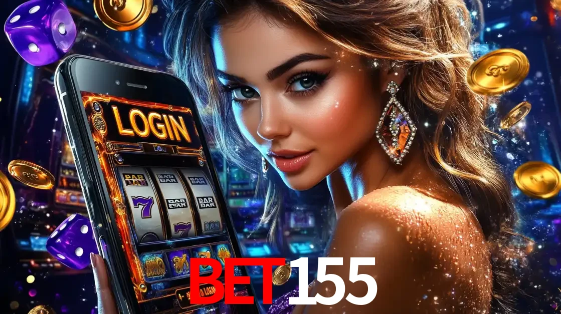 Mulher glamorosa segurando um smartphone com a tela de login para os jogos de caça-níqueis do cassino online BET155, com moedas de ouro e dados ao redor.