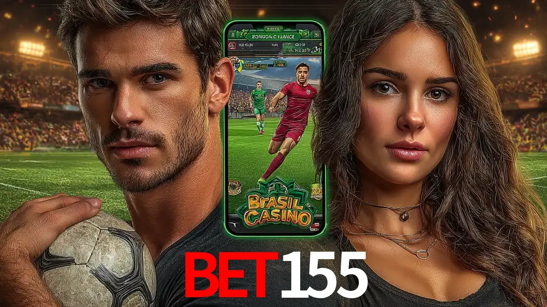 Homem segurando uma bola de futebol e uma mulher ao lado de um smartphone exibindo o jogo de apostas esportivas da BET155. Faça seu palpite no cassino online.